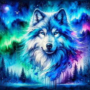 Aurora Watercolor Wolf Diamond Painting Kit, Magical Northern Lights Forest Wolf Portrait Art, High-Quality Full Drill Round & Square Rhinestone Mosaic, 5D DIY Handmade Cross Stitch Home Wall Decor