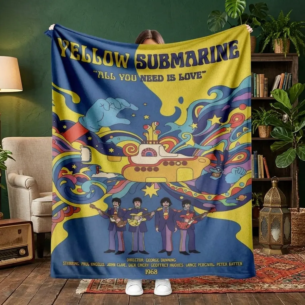 Yellow Submarine Flannel Fleece Throw Blanket, Psychedelic Beatles Print, Ultra-Soft Cozy Warm, 60*80inch (Large Size for Adults), Lightweight Machine Washable Adult Blanket, Ideal for Living Room Decor, Music Fan Gifts