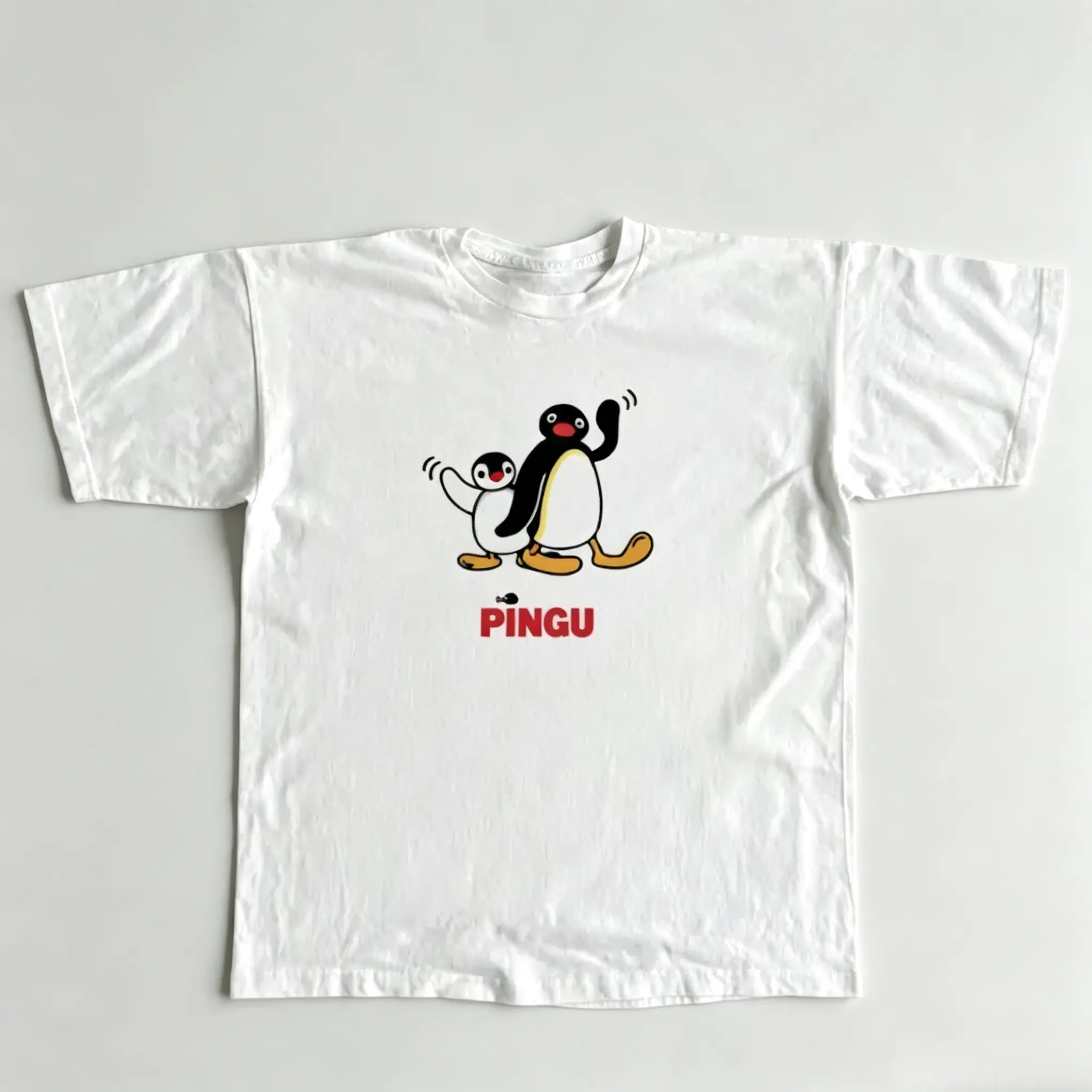 Vintage Pingu Two Waving Penguins Front Print 90s Nostalgic Cartoon Casual Graphic T-Shirt, high-definition clean print trendy top, soft oversized everyday wear, multi-scene weekend apparel. Affordable little surprise gift for retro cartoon fans, childhoo