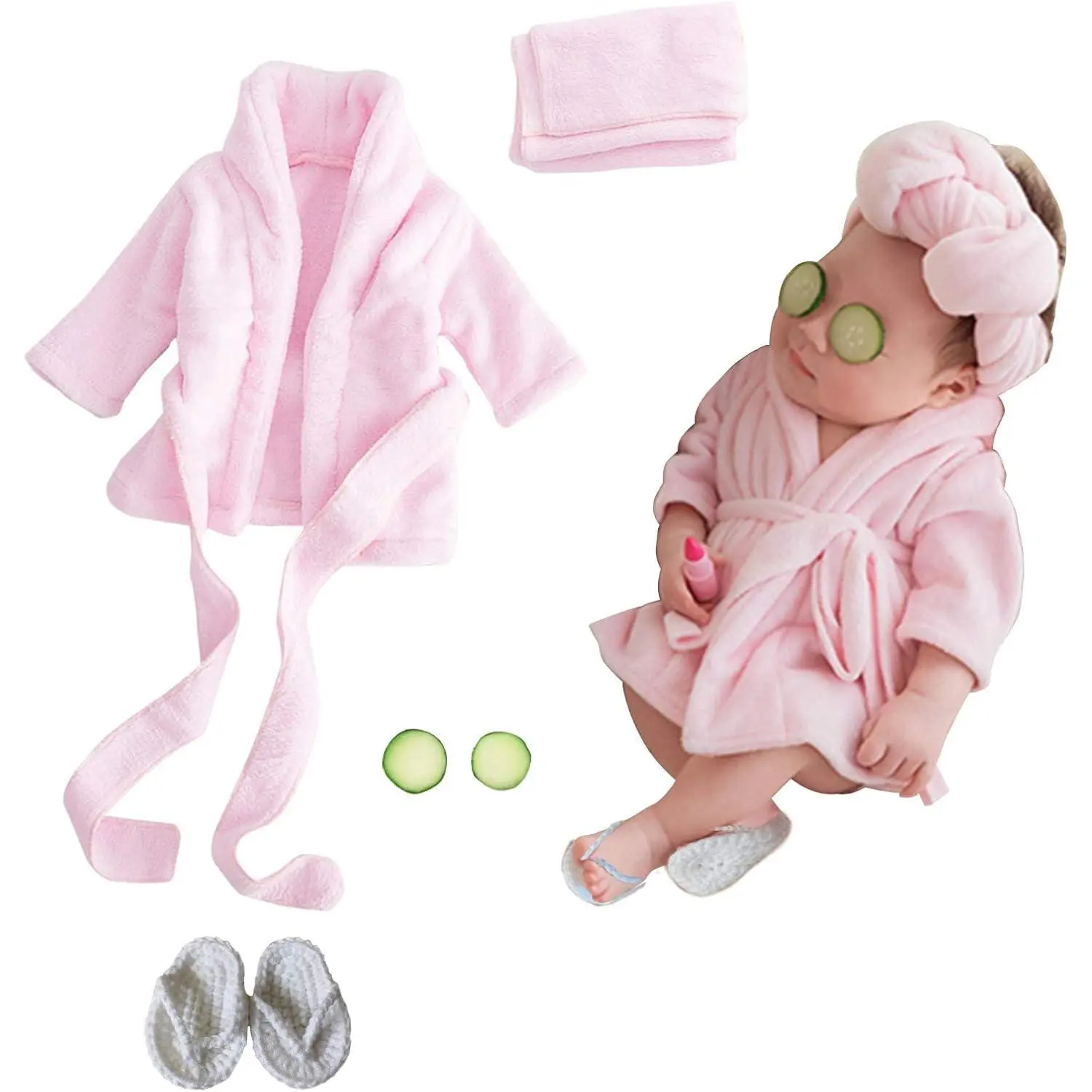 Unisex Baby 5-Piece Bathrobe Outfit Set - Soft Towel, Bathrobe, Slippers, Cucumber Props - Safe Materials, Solid Pattern, for Newborns & Infants (0-6 Months) - Newborn Photography Props