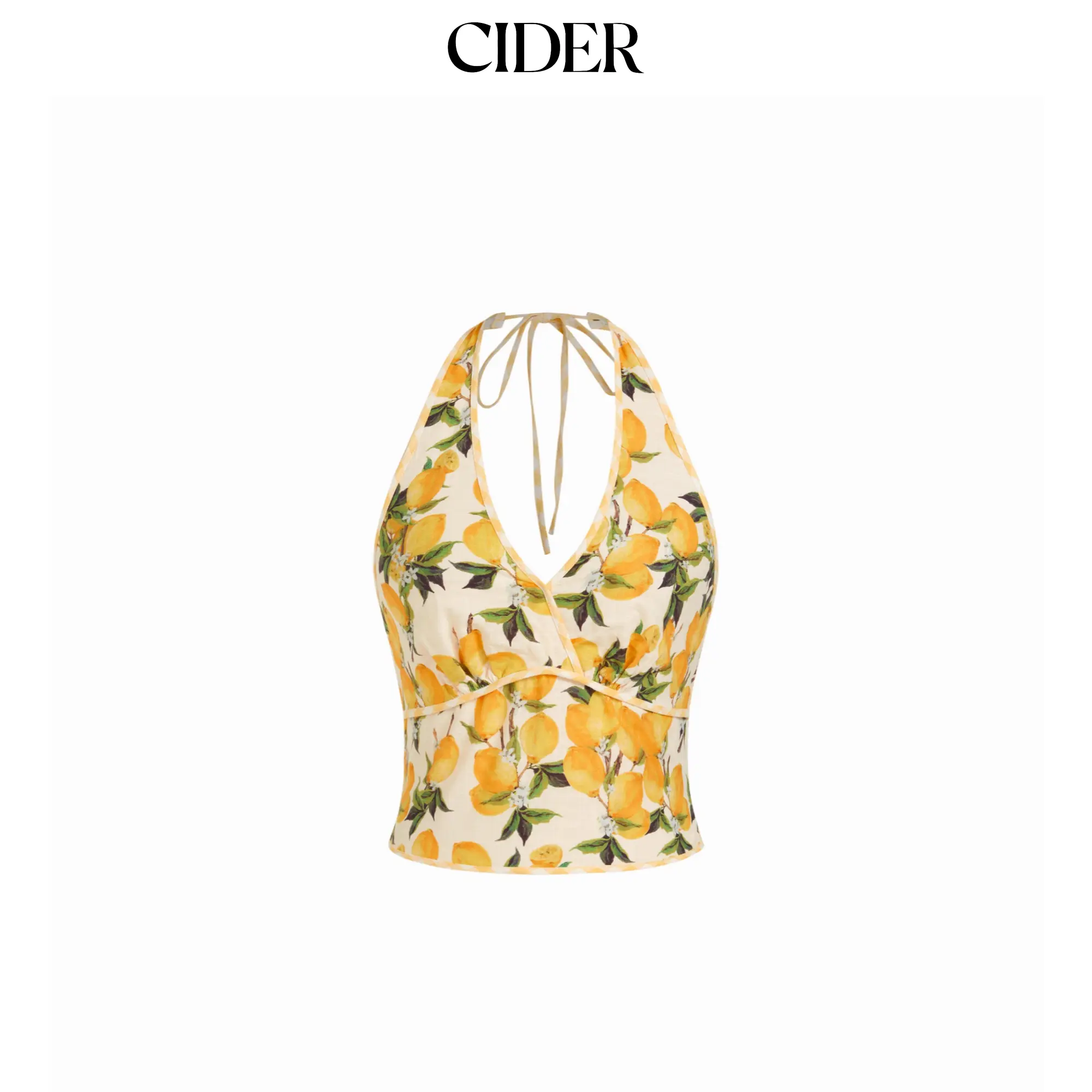 Cider Cotton-blend Lemon Graphic Halter Neckline Backless Crop Cami Blouse