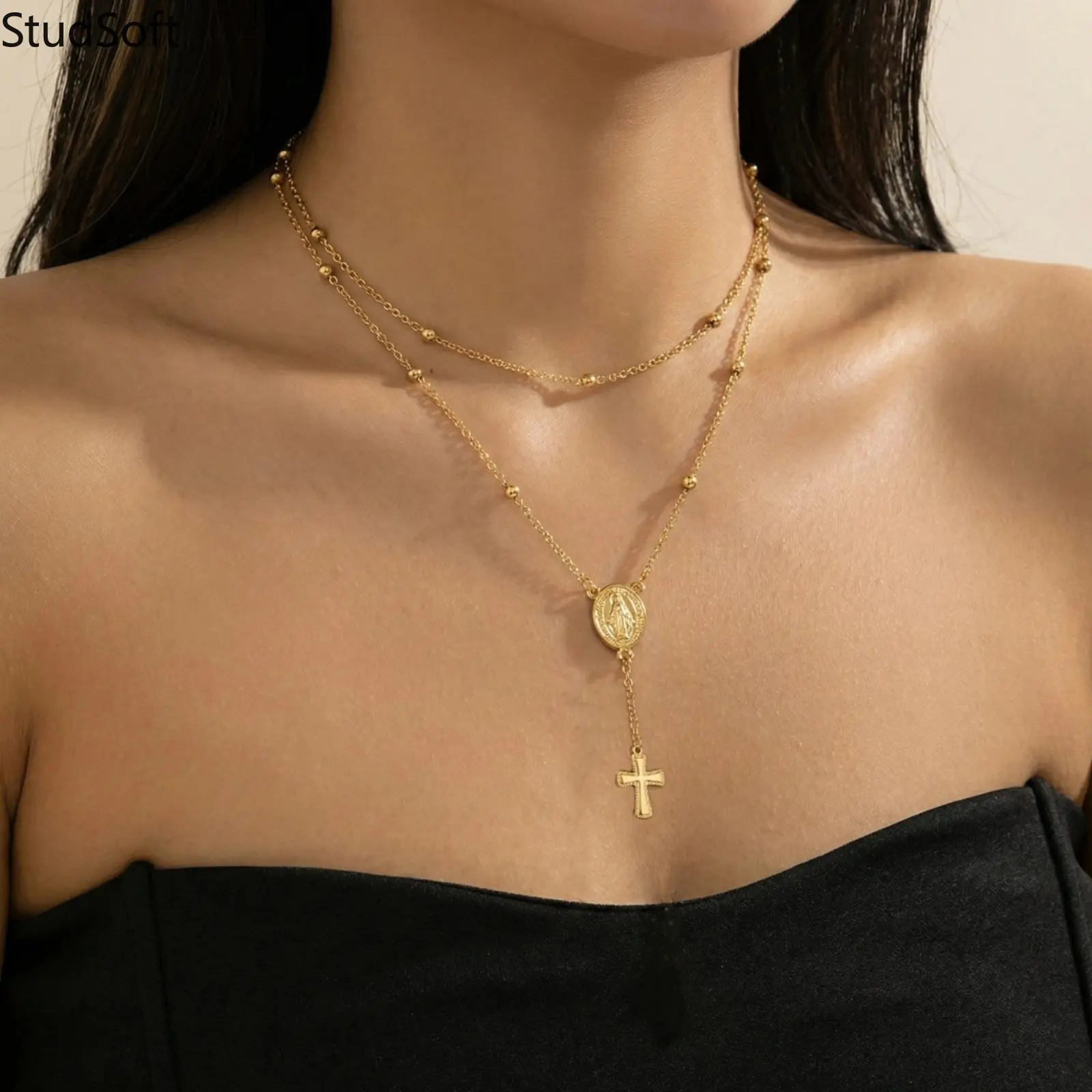 Layered Gold Chain Necklace Birthday Jewelry Gift Virgin Mary Miraculous Medal Cross Pendant Satellite Beaded Rosary Choker for Women Teen Girls