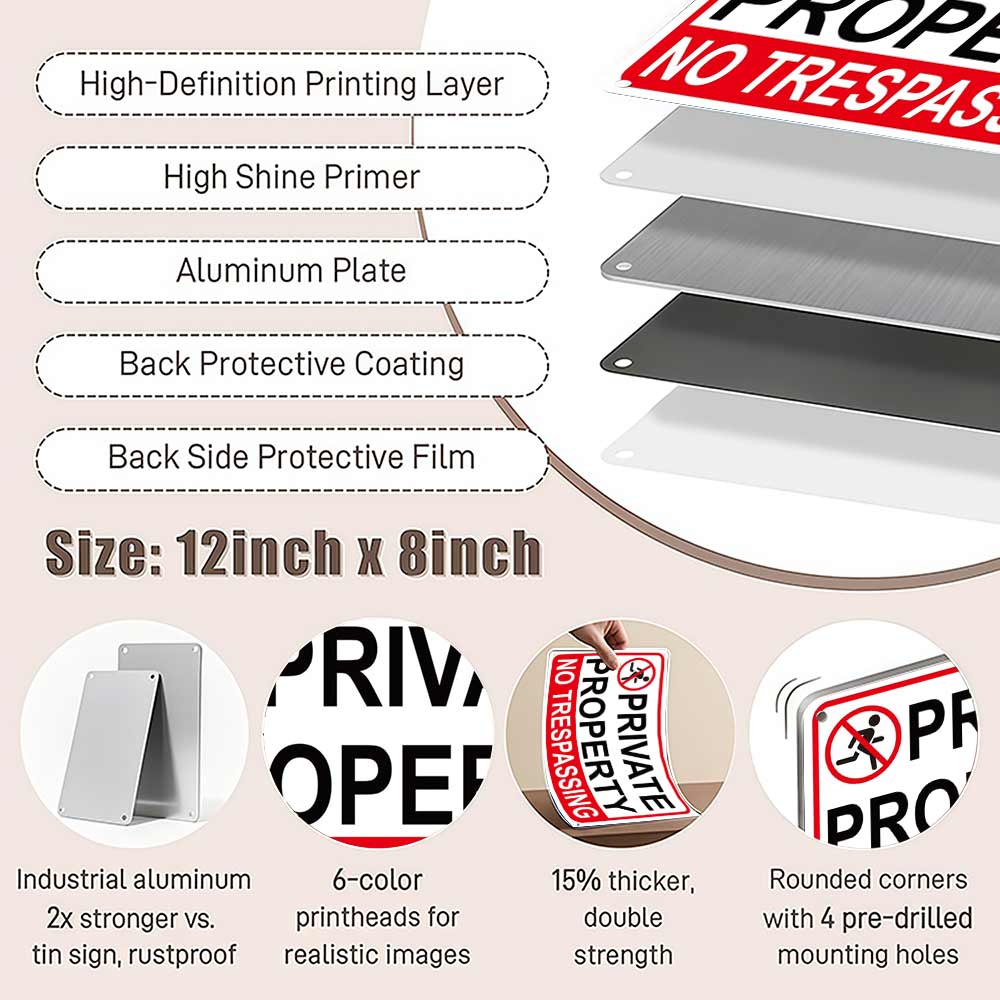 Private Property No Trespassing Metal Sign 12x8 In Aluminum, Vintage Warning Tin Sign for Home, Yard, Fence Decor, Retro Private Property Wall Art for Security, 12x8 Inch Aluminum Plaque