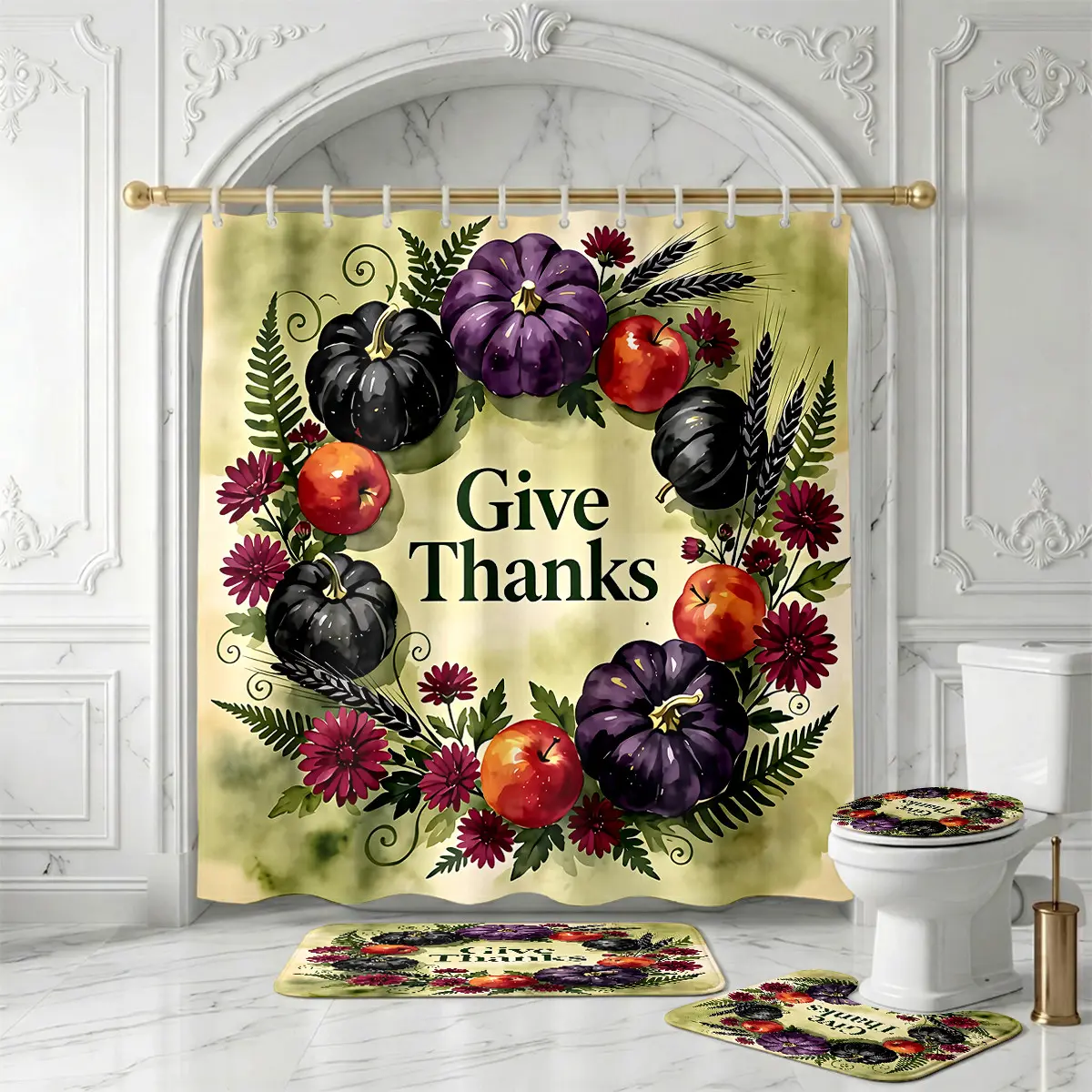 Give Thanks Shower Curtain Set – Autumn Harvest Wreath with Purple Pumpkins Red Apples Wheat Stems and Ferns Rustic Farmhouse Bathroom Decor for Thanksgiving Dinner & Fall Home Celebration