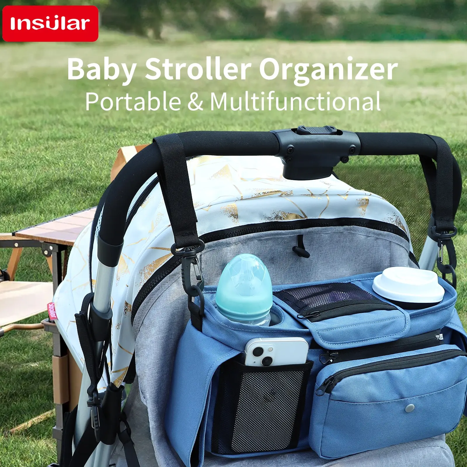Universal Stroller Organizer Bag, Multi-Functional Diaper Bag with Insulated Cup Holder, Large Capacity, Detachable Phone Pouch & Strap