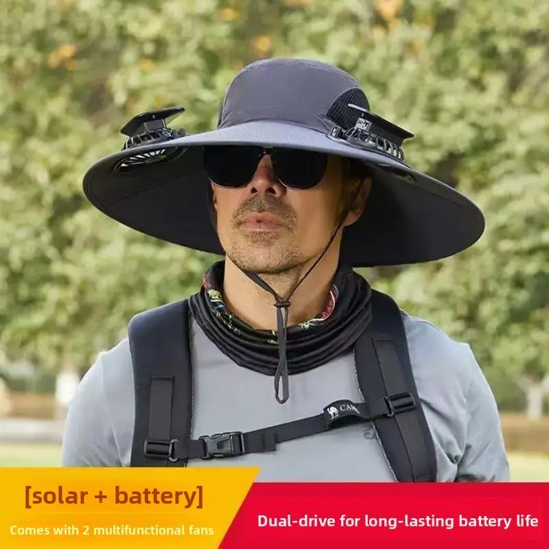 Foreign trade explosive solar fan hat rechargeable dual fan men's fishing bucket hat outdoor sun hat detachable