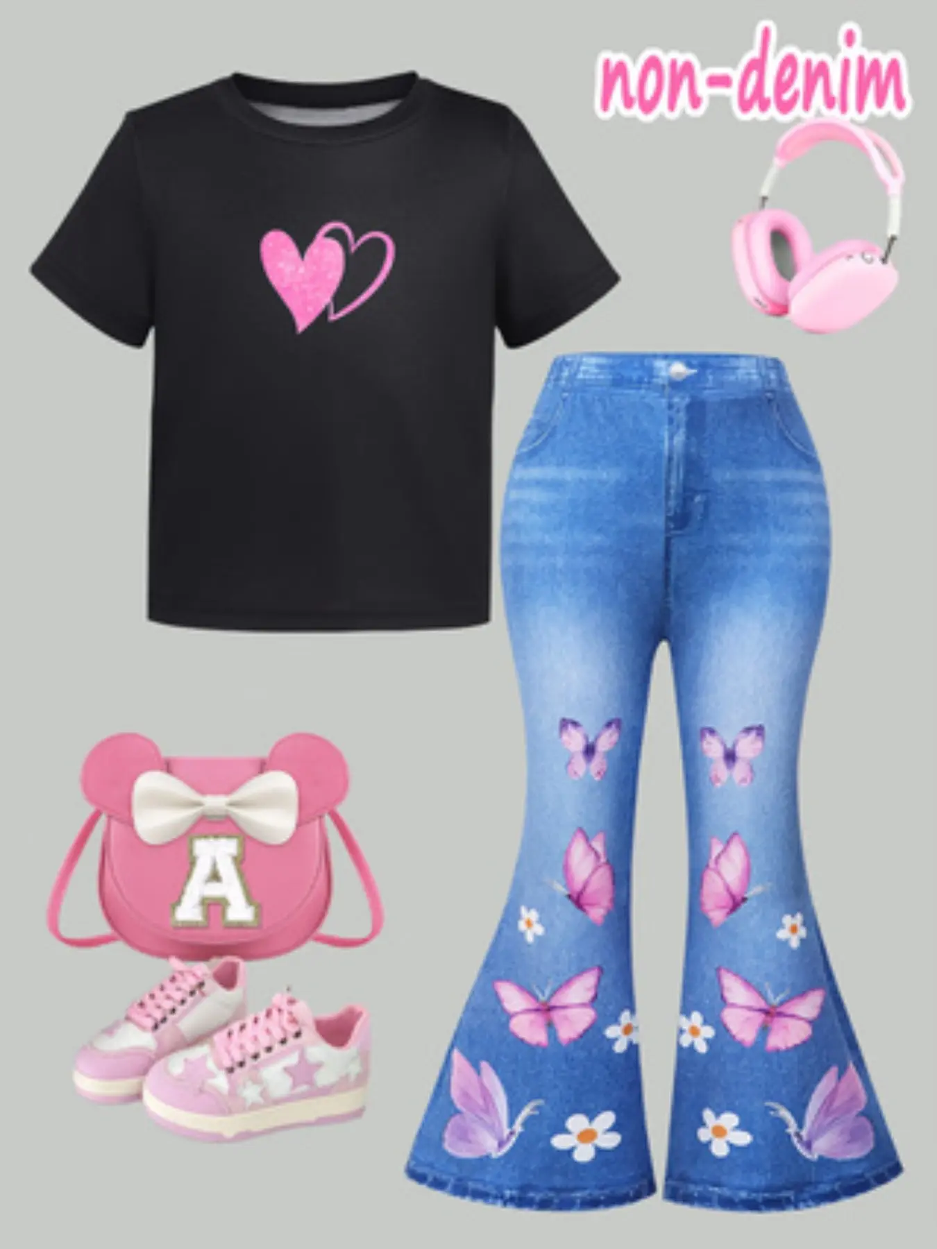 Girls' 2-Piece Set, Tee Pants Set, Summer Clothing Set, Heart Pattern Round Neck T-Shirt + Cartoon butterfly knitted imitation jeans, Casual School Style, Festival Party Gift, Summer Clothes Set