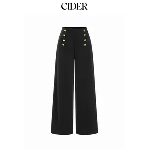 Cider Mid Rise Solid Metal Button Wide Leg Trousers