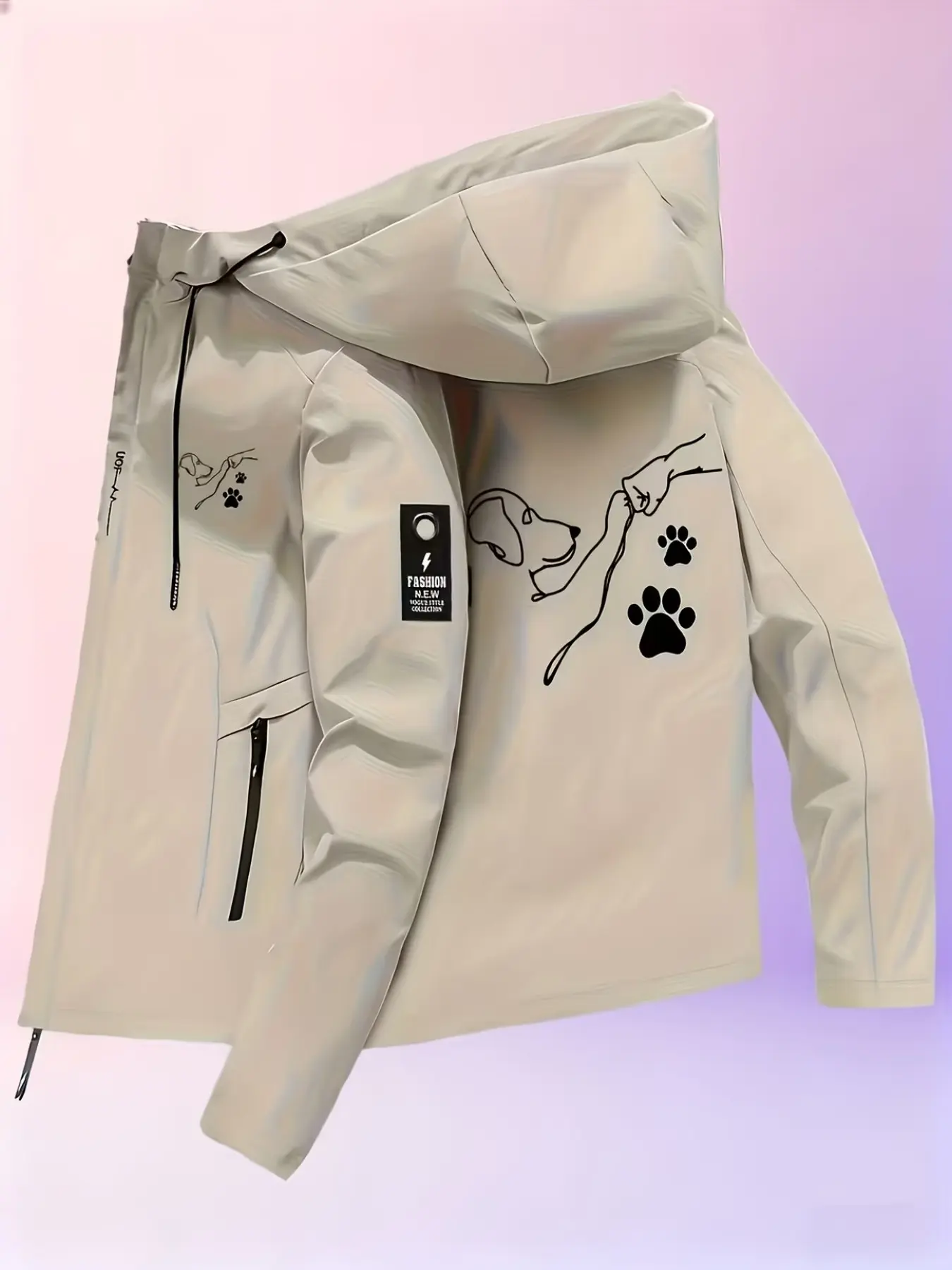 Unisex Windproof Hooded Jacket, Dog Paw Print Design, Four-Season Outdoor Hiking Coat, Full Zip Casual Winter Jacket with Pockets