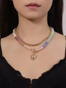 Dopamine Colorful Beaded Necklace, Ethnic Style Collar Chain, Adjustable Layered Heart Pendant, Fashion Jewelry, Eye-Catching Necklace