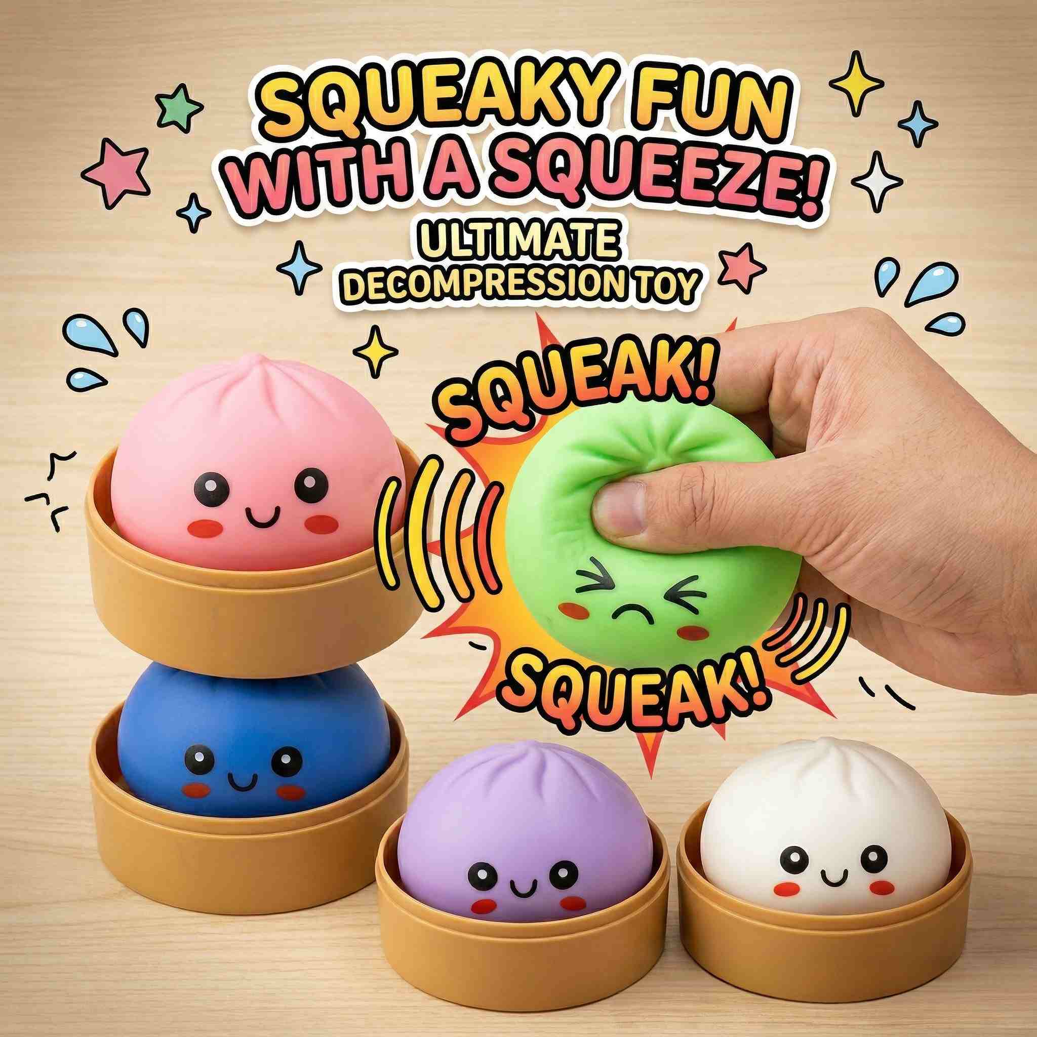 Squeak & Squeeze! Stress Relief Squeaky Dumpling Squishy Toy – Soft Sensory Fidget Toy, Funny Prank, Anxiety Relief