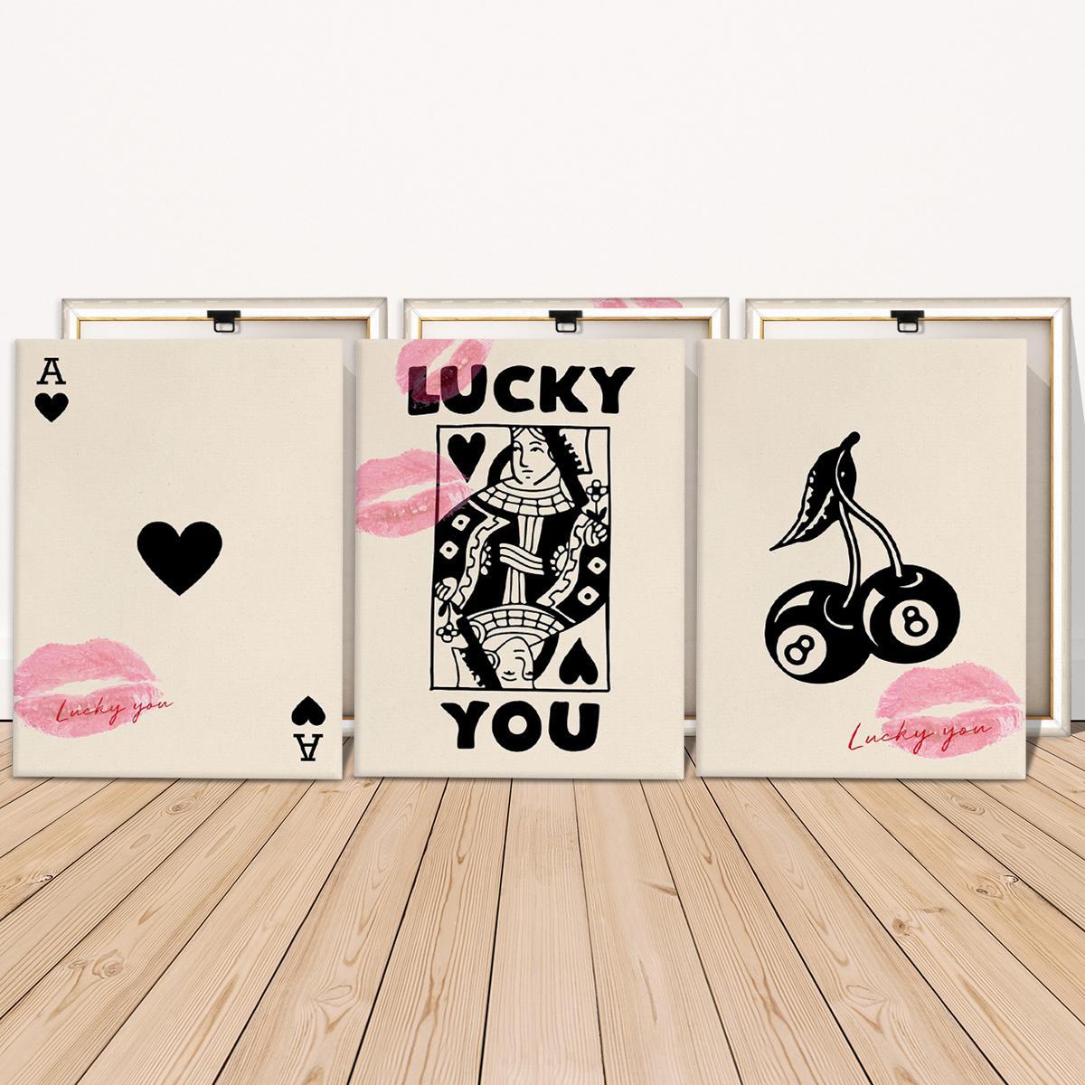 Wooden Framed Canvas Painting, 3 Counts/set Lucky Card Pattern Wall Art, Fashion Art Wall Decor, Modern Art Design, Home Decoration Poster for Living Room, Bedroom