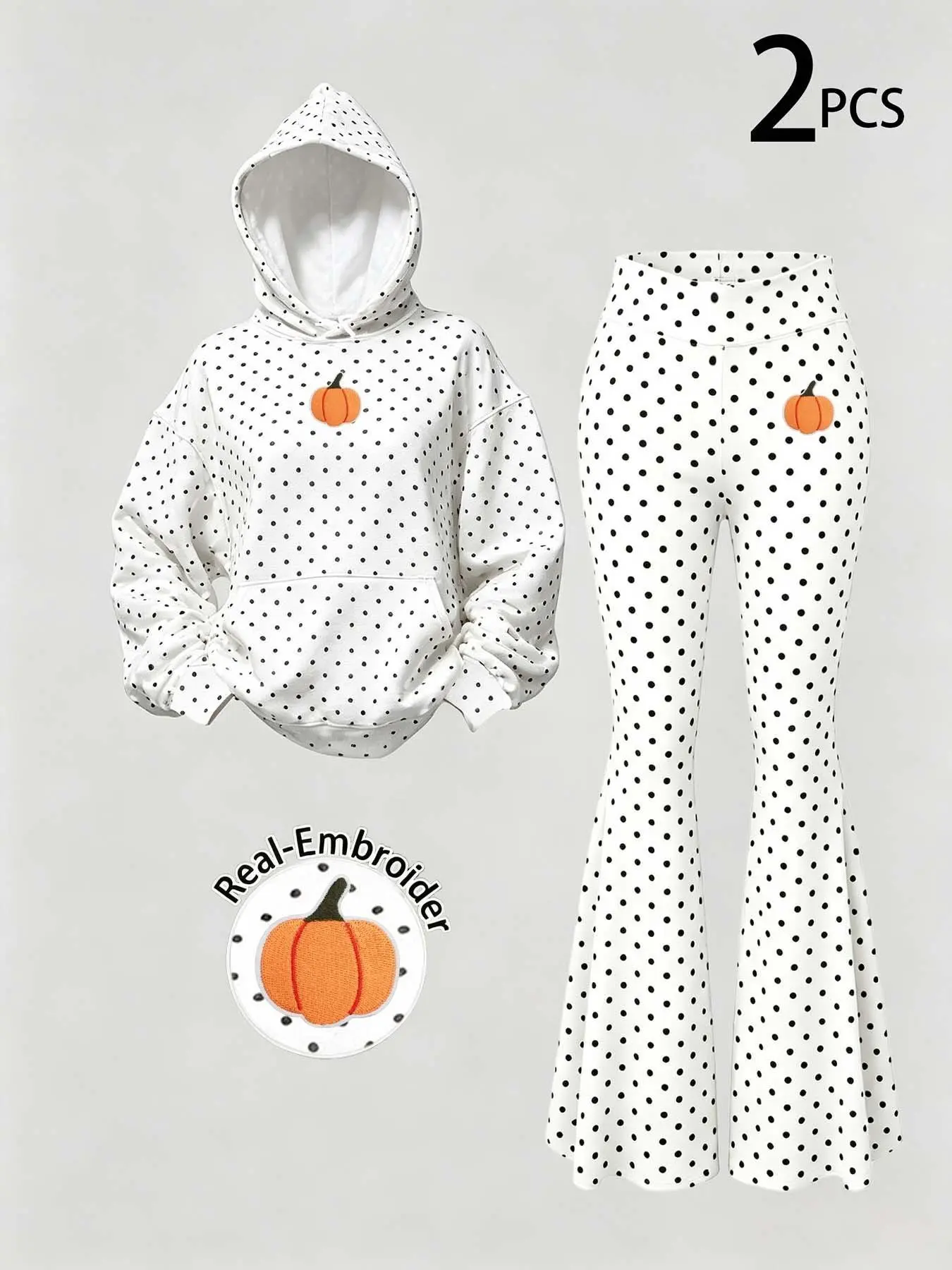 Halloween Pumpkin Embroidery Hoodie and Pants Set, Women's Fall Winter, Polka Dot, Casual Comfortable Style