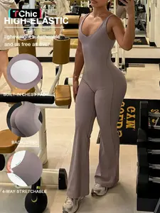 Women's High-Waisted Stretch Sportswear Jumpsuit, Sporty Plain Color Yoga Pants, Pratice Training Fitness Wear, Long Regular Fit, Unlined