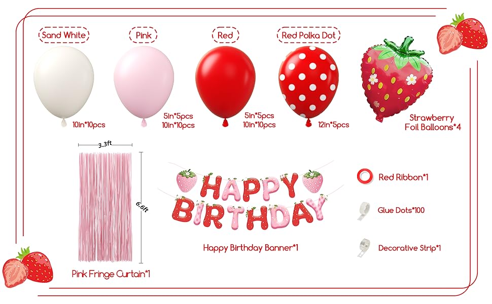 Strawberry Birthday Party Decorations Set with Pink Fringe Curtain, Happy Birthday Banner & Pink Red Sand White Balloons, Ideal for Strawberry Themed 1st Birthday & Baby Shower