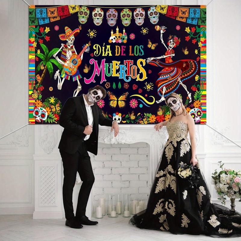 1pc 2D Flat Day of the Dead Banner, Dia de los Muertos Party Backdrop, Polyester Skull & Marigold Floral Decoration for Halloween Mexican Festival, No - Electricity Multipurpose Festive Supply