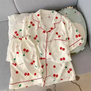 2026 Pajamas Women's Summer Short-Sleeved Shorts Cute Cartoon Cardigan Ladies Sleepwear Home Wear Suit Love Print Breathable