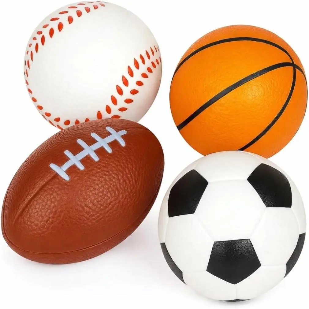 Set of 4 Stress Relief Foam Balls - Basketball, Football, Baseball, Soccer - Squeezable Anxiety Relief Toys for Kids, Party Favors, Birthday Gifts for Boys Girls - 2.5 Inch Soft Foam Balls