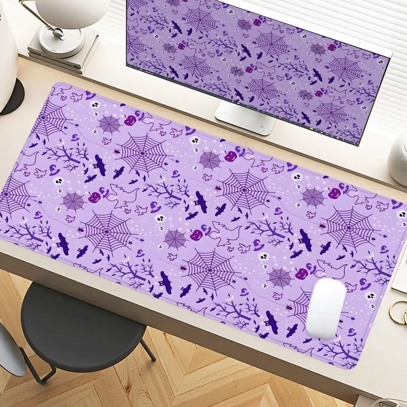 Desk Pad Halloween Purple Spiderweb Bat Ghost Gaming Mousepad XXL Mouse Pad For Laptop Desk Mouse Pad Extra Large With Non-Slip Rubber Base Stitched Edges Surface For PC Gamers Office Workers & Home Use Office Accessories Halloween Gift Idea