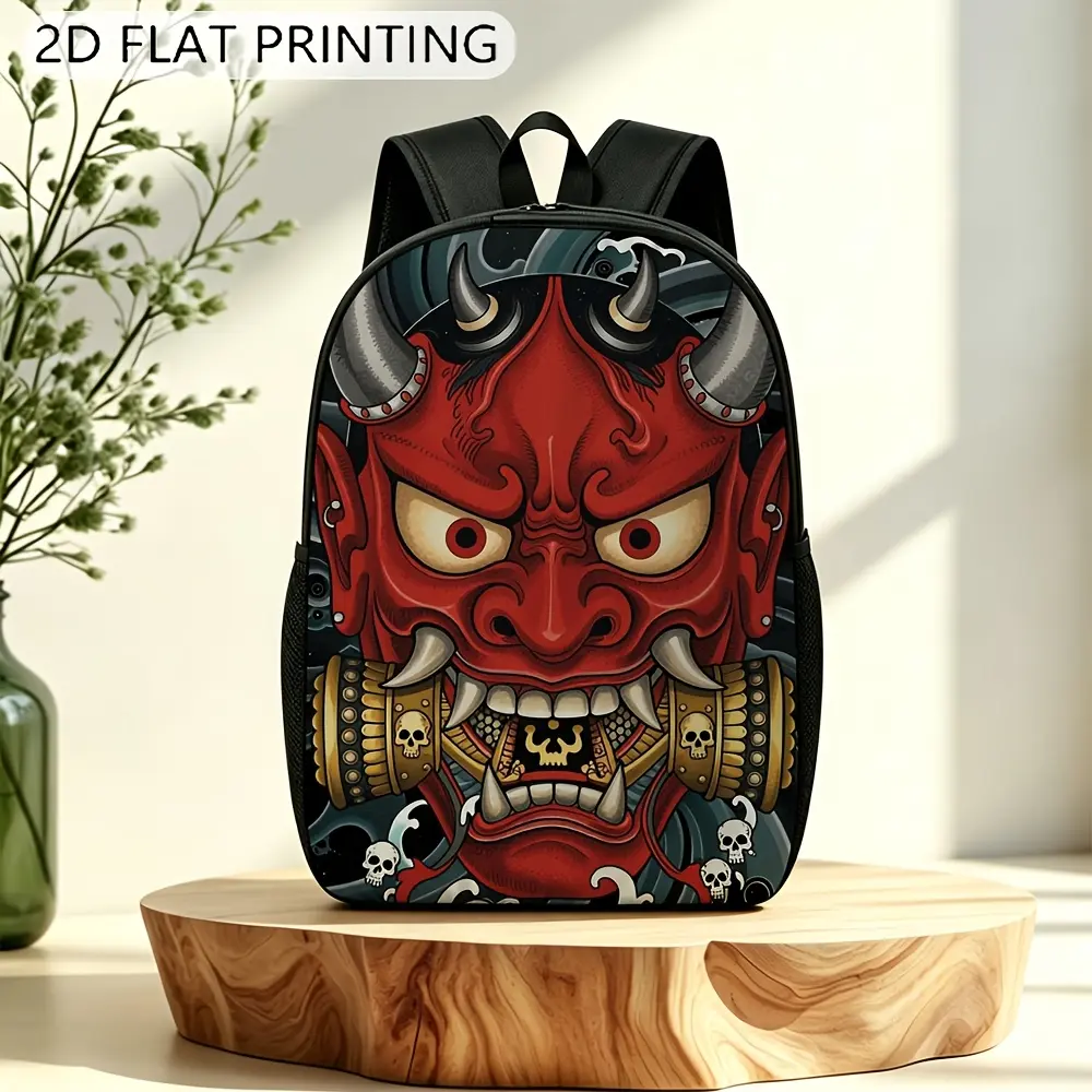 1pc Durable Backpack, Abstract Ethnic Demon Pattern, Unisex 2D Flat Print Large Backpack, Features Adjustable Shoulder Straps And Zippers, Stylish And Trendy, Easy to Clean, Perfect for Students Or Everyday Use