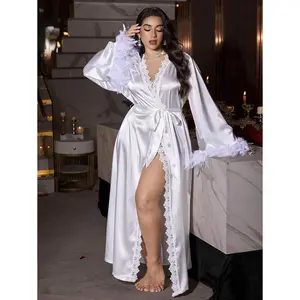 Women's Luxury Satin Long Robe - 1-Piece Longsleeves Loungewear Nightwear with Faux Fur Trim, Lace Patchwork, Mesh Backless Design, Regular Fit Fabric for Evening Events, Women's Clothes