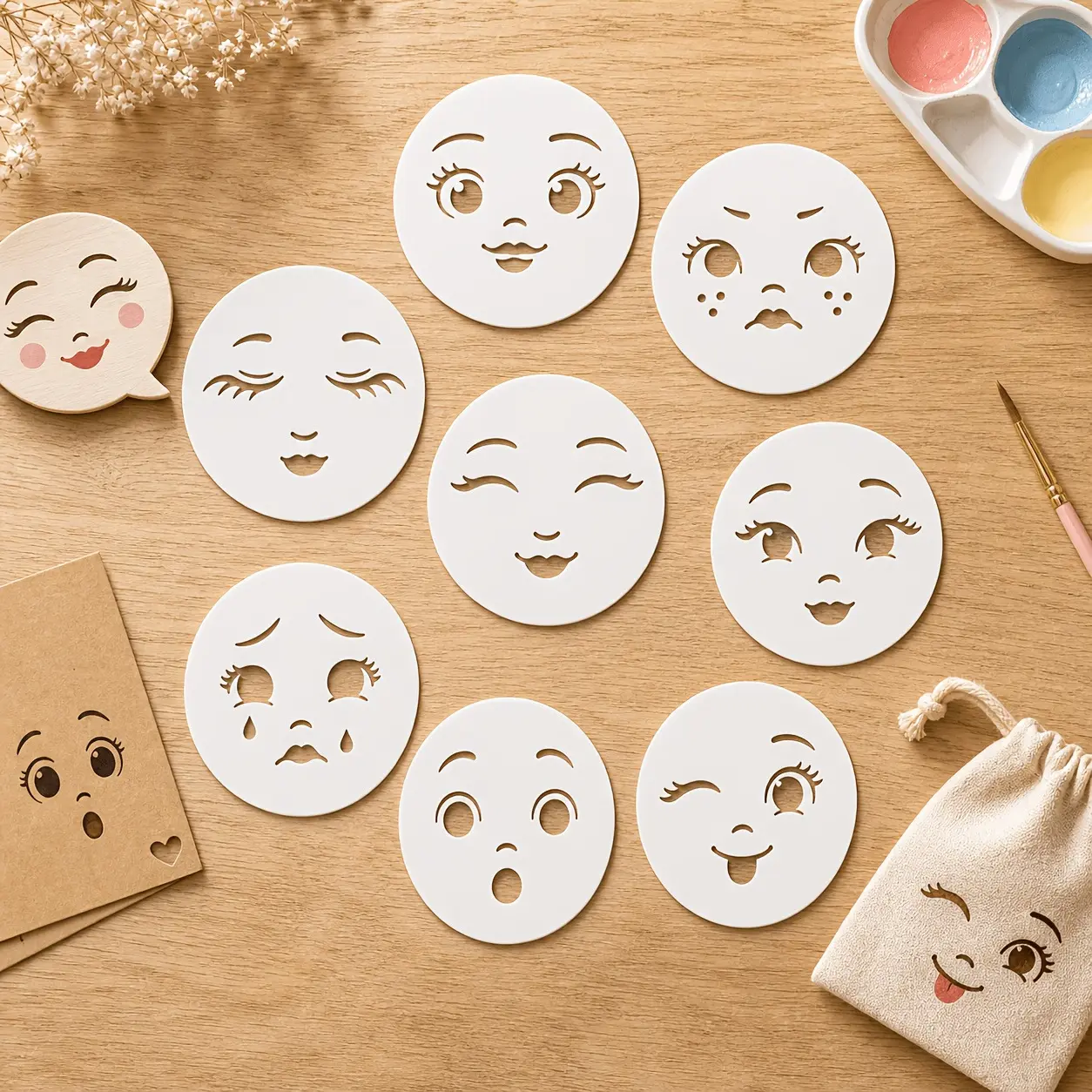 15set Reusable Colorable Face Painting Templates with  Expression Faces Suitable for DIY Doll Making, Fabric Art, Rock Painting, Wall Decor, Graffiti & for Home Crafts - Washable for Doll Face Embroidery Templates