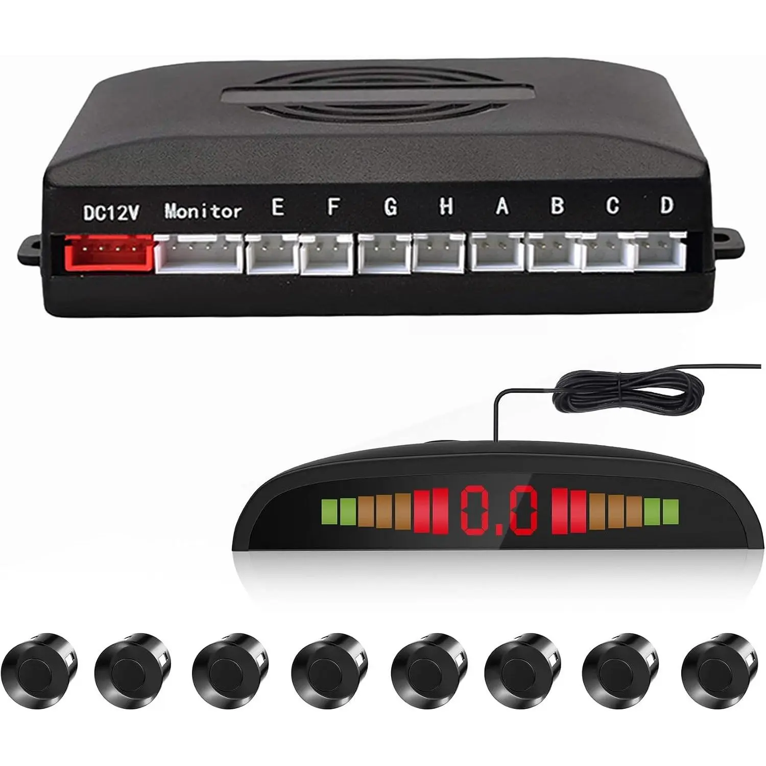 Car Reverse Parking Radar System with 8 Parking Sensors Distance Detection LED Distance Display Sound Warning Black Color
