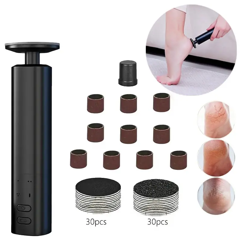 Electric foot file, featuring 60 replacement sanding sheets, a callus remover, a foot nail file and a compact, smooth portable pedicure set—ideal for home and travel use. Smooth pedicure stick