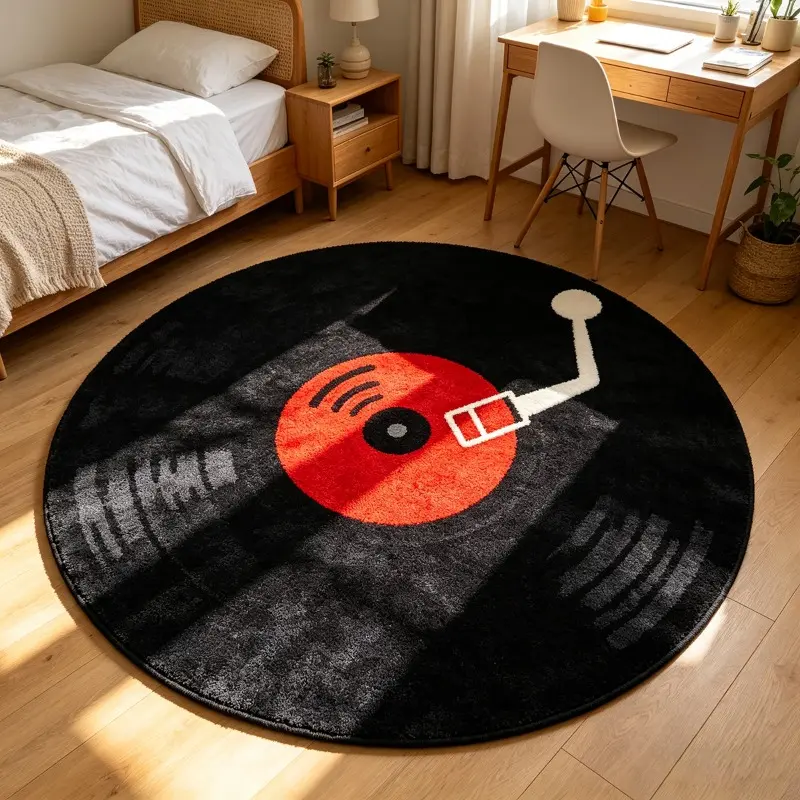 Round Flannel Rug, high-quality velvet with dotted plastic anti-slip backing, 1-piece round black record-style living room rug, creative modern American-style trendy high-end bedroom rug, suitable for home decor in lounging areas, dressing rooms, and as a