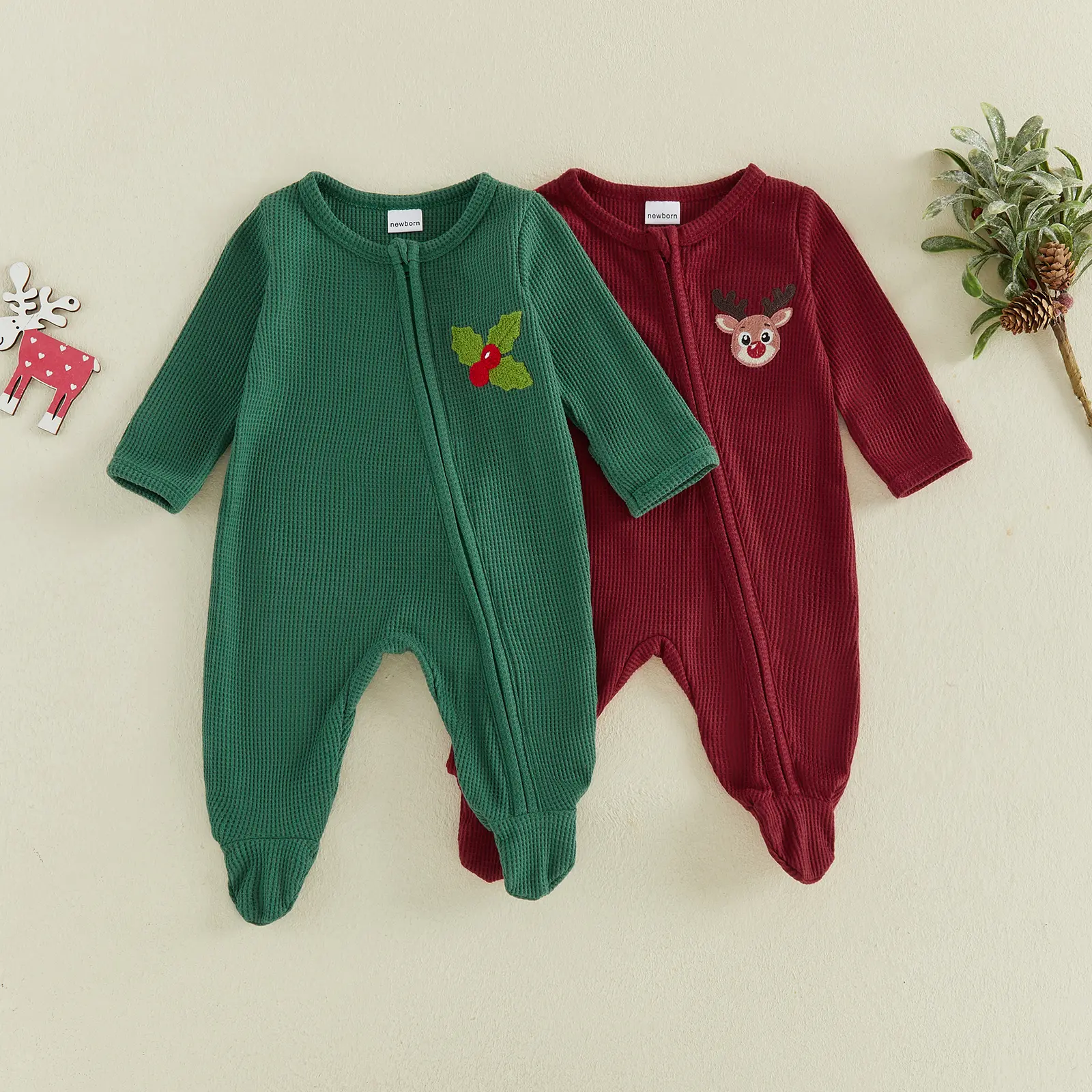 REDWOON Newborn Baby Boy Girl Waffle Knit Christmas Footed Romper Reindeer Embroidery Zipper Long Sleeve Jumpsuit Fall Winter Clothes