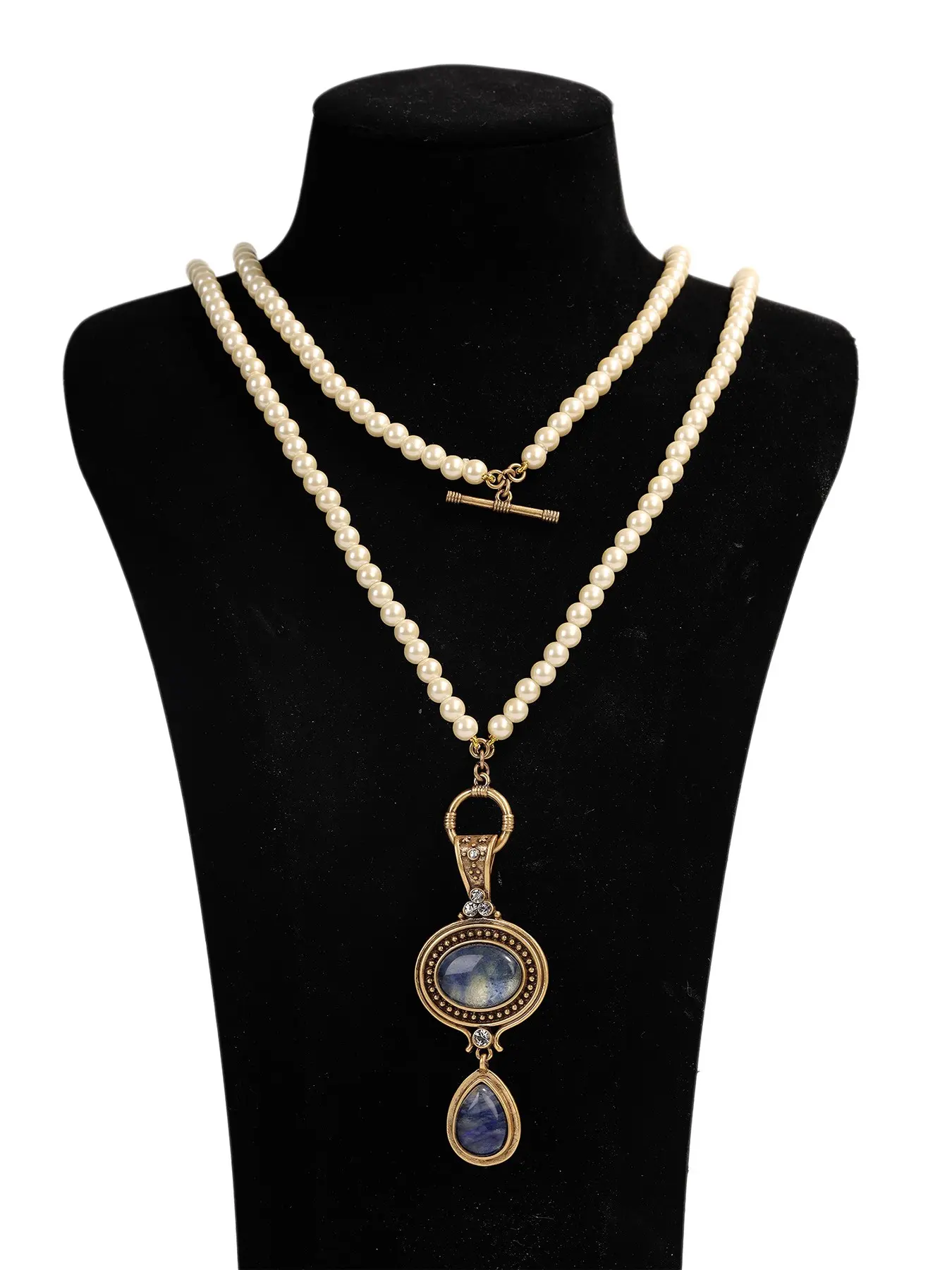 Vintage Antique Gold Double Strand Imitation Pearl Necklace With Natural Blue Sodalite Pendant Retro Court Style Long Sweater Chain Jewelry For Women