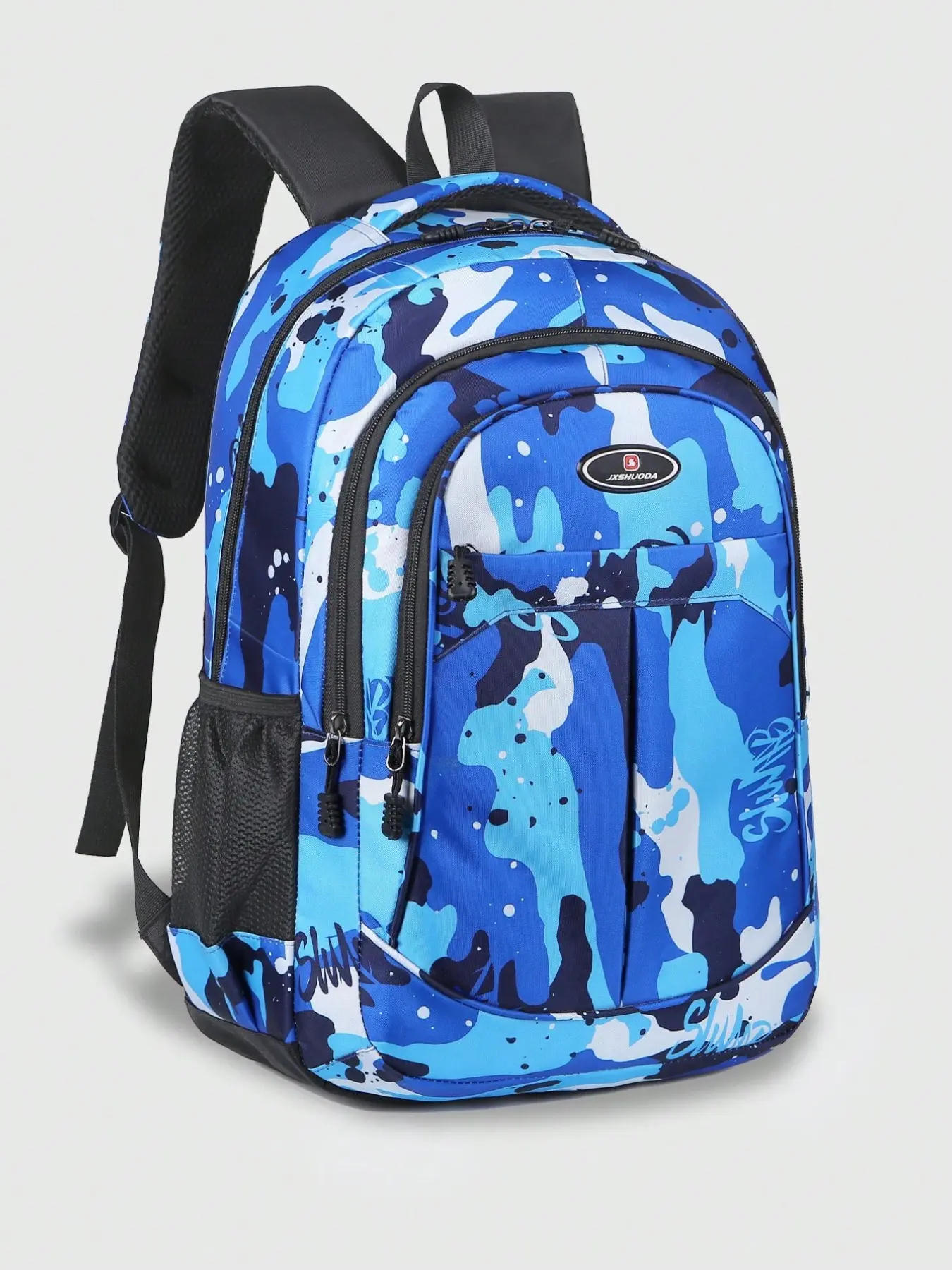 Blue Camouflage Large Capacity Backpack, Waterproof School Bag for Teens, 15.6 Inch Laptop, Outdoor Travel, Gym, Campus Use