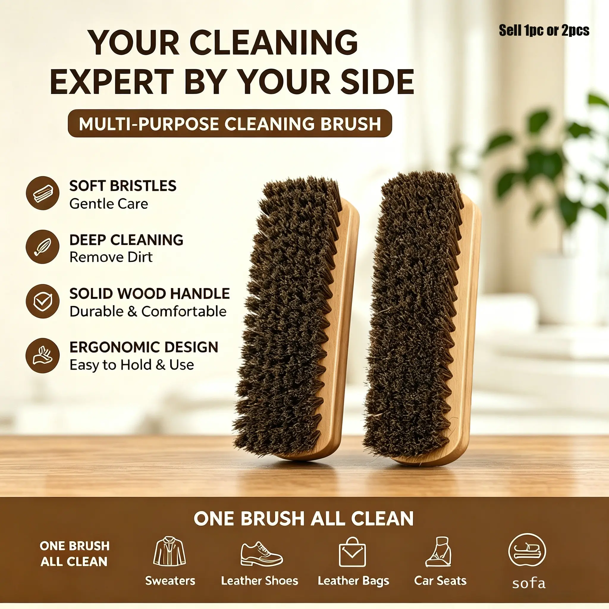 2pcs Horsehair Shine Shoes Brush Kit, Polish Dauber Applicators, Cleaning Leather Shoes Boots, Suede Cleaner Brush, Wooden Concaved Brush