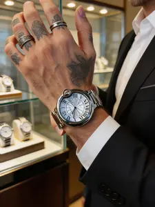 Classic Men's Steel Band Watch, Blue Diamond Crown, Fashion Sunray Dial, Roman Numerals, Business Calendar Window, Three Row Stainless Steel Strap