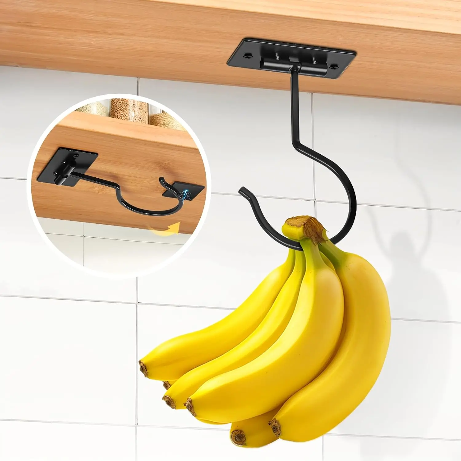 Self Adhesive Banana Hook Under Cabinet Foldable Banana Hanger Black Metal Under Counter Banana Hook to Keep Bananas  Banana Holder for Kitchen RV Space Saving