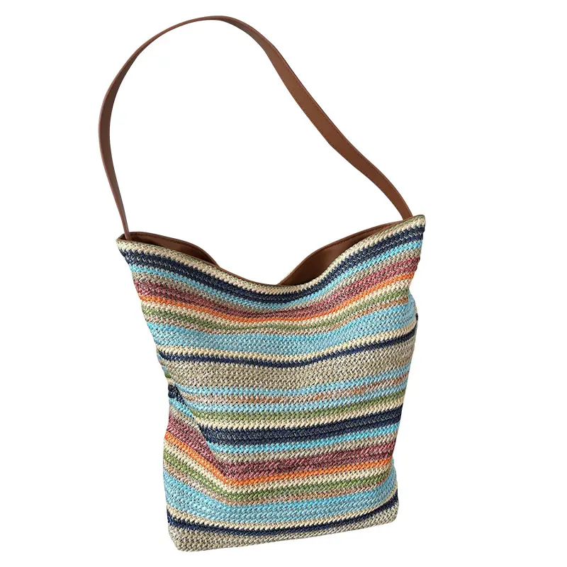 Women's PU Leather Rainbow Stripes Woven Foldable Water Bucket Bag - Magnetic, Top Handle, Multi-Function, Large-Capacity, Casual Chic Elegant, Cold Wash Compatible, Hangable, Underarm Carry, Summer Beach, Leisure Travel Bag