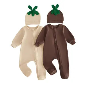 Newborn Baby Boy Girl Footed Romper Long Sleeve Zipper Jumpsuit with Green Leaf Beanie Hat Set Fall Clothes 0-6 Months