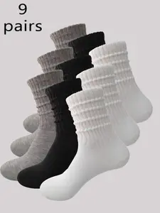 9 Pairs Women's Socks, Loose Stack Socks, Pure Color Jk Stacked Socks, College Style Warm Mid-Calf, Bubble Socks, All Seasons Comfortable