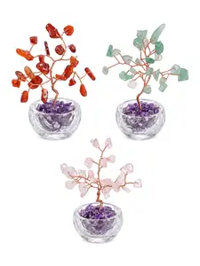 1pc Mixed Crystal Tree Decor, Carnelian Aventurine Rose Quartz Chips with Amethyst Gravel Glass Bowl Base, Hand Twisted Copper Wire Table Ornament, Ideal Gift for Home Office Decoration