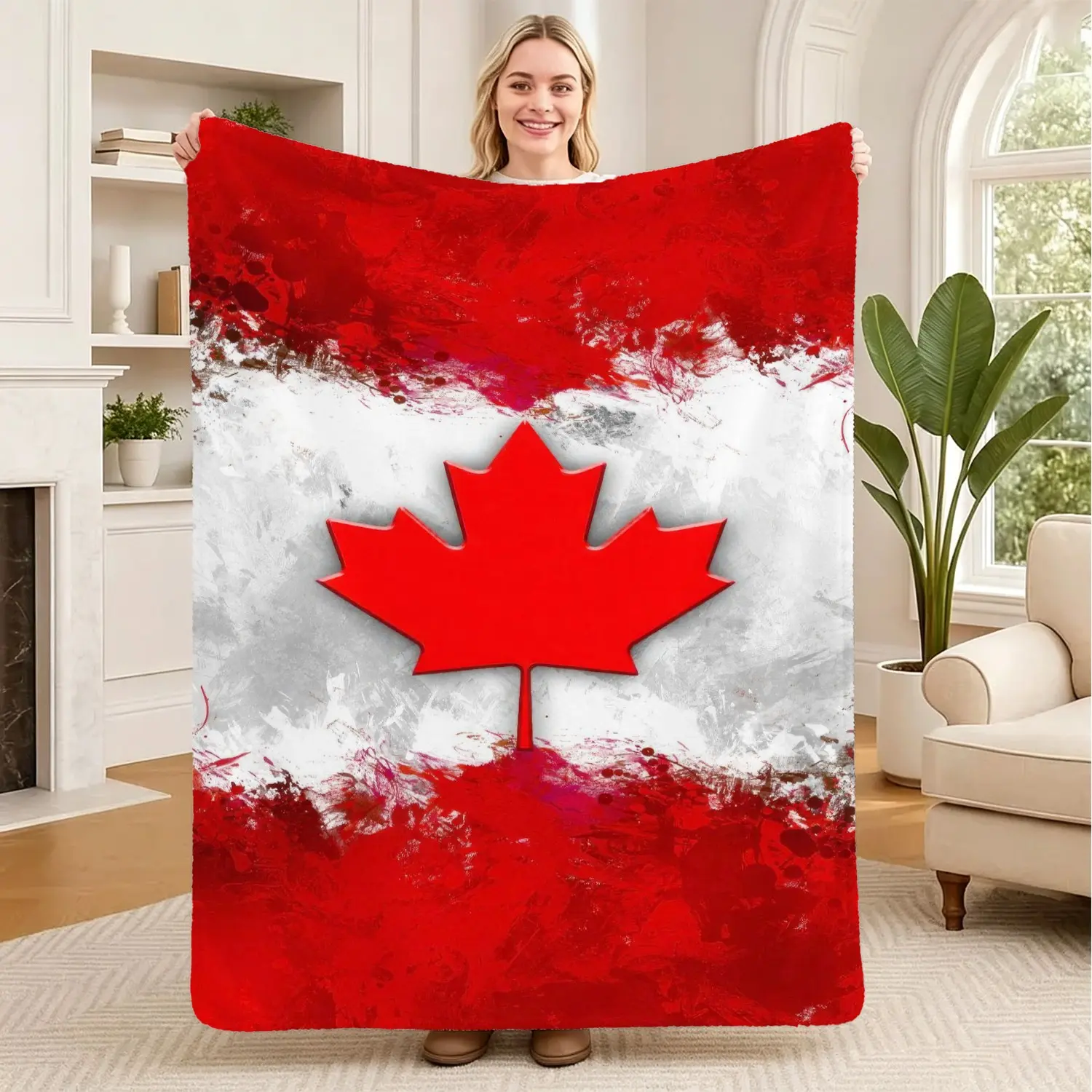 Canada Flag Maple Leaf Blanket, Artistic Patriotic Print Decorative Throw Blanket, Soft Fluffy Flannel Blanket, Cozy Warm Bedding, Perfect for Home Decor, Camping, Traveling, Office Nap, Gift for Patriots