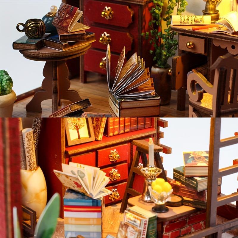 DIY Wooden Book Nook Kit, DIY Miniature House Kit with Light, 3D Desktop Decoration Ornament, DIY Model Kit for Bookshelf Decoration, House Building Kit, Miniature Set