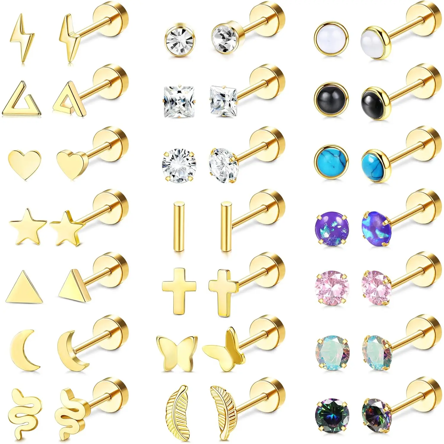 Hypoallergenic Flat Back Earrings Set (21/25 Pairs) - Surgical Stainless Steel Jewelry, Tarnish-Free Stackable Studs for Sensitive Ears, Conch Piercing & Helix Tragus Screw Back Earrings