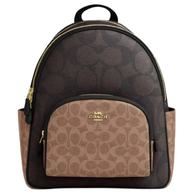 COACH Court 28 Color-Block Classic Logo Faux Leather Backpack for Women in Walnut and Tan