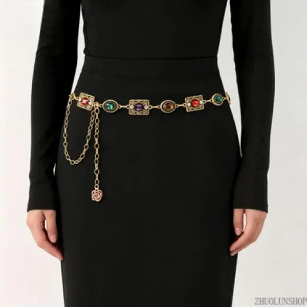 Women's Vintage Metal Waist Chain Belt with Rhinestone Embellished Floral Studs, Adjustable Fashion Accessory for Dresses and Outfits