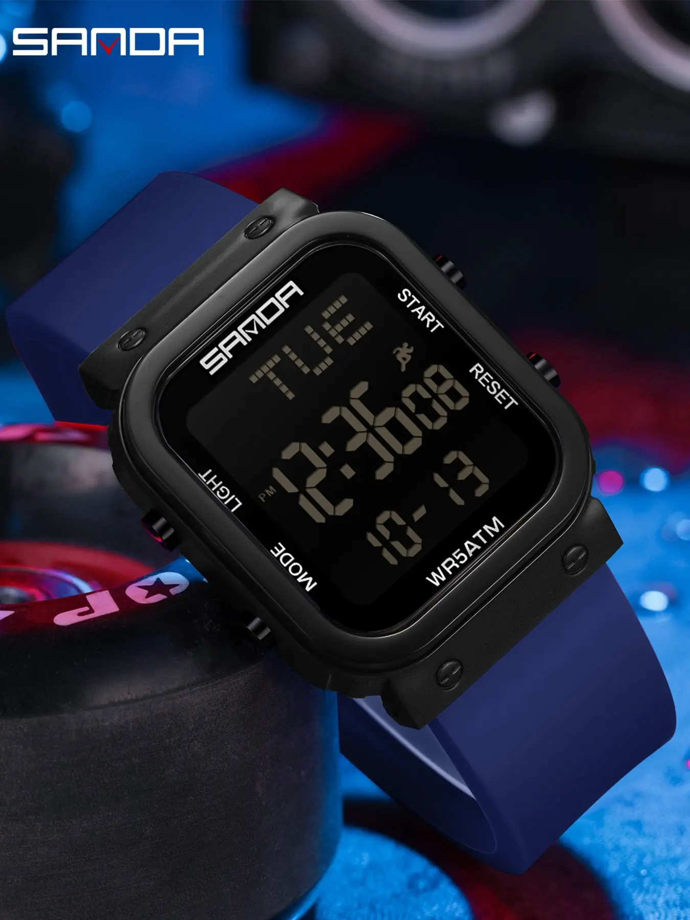 Sanda 9081 Retro Square Men's Electronic Watch, 5atm Waterproof, Night Glow, Dual Time Zone, Multifunctional Stopwatch, Silicone Band