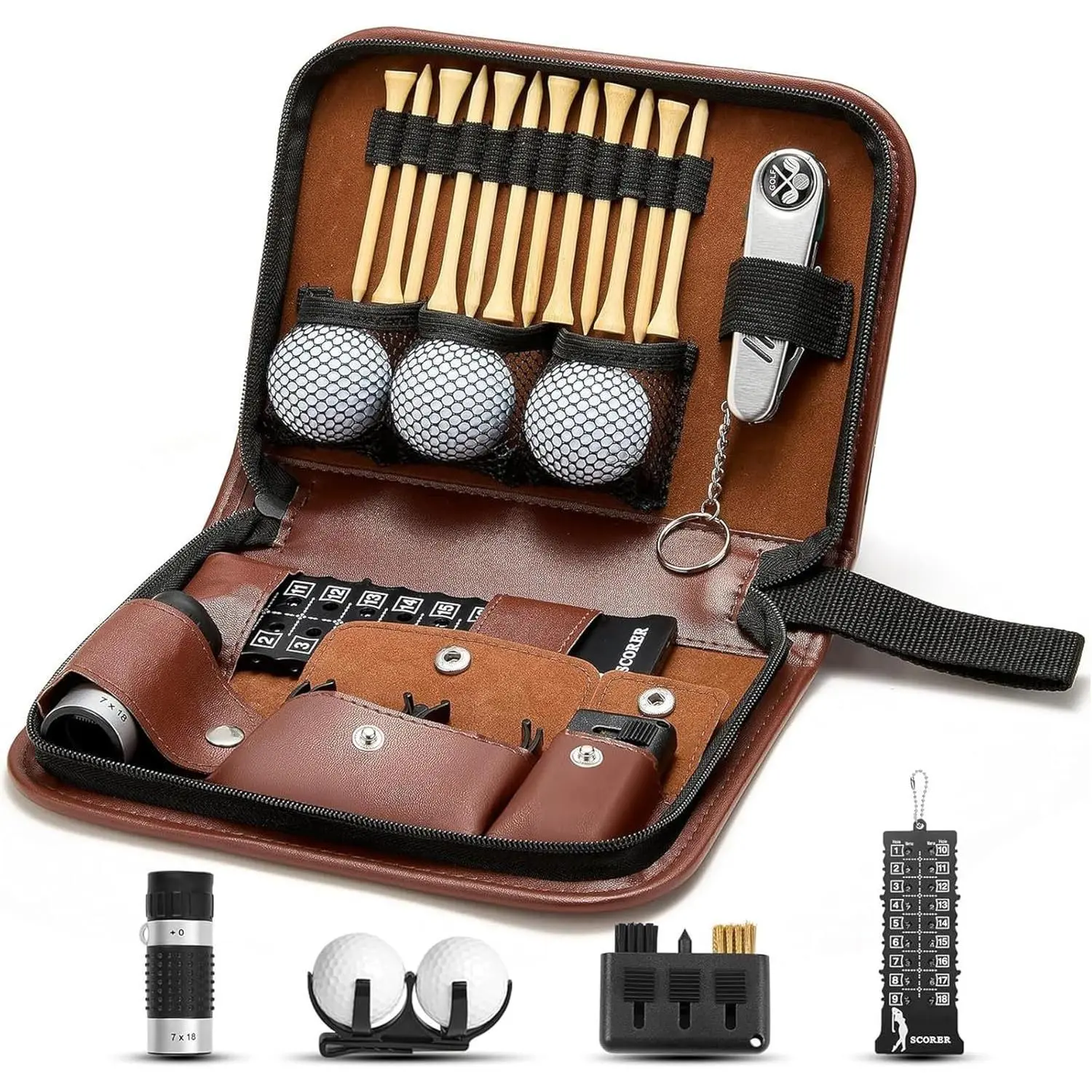 Golf Accessories for Men Women Golf Gifts Kit with Leather Case, 3 Golf Balls, Golf Tees, Rangefinder, Brush, Multifunctional Divot , Scorer, Ball Clamp for Golfer