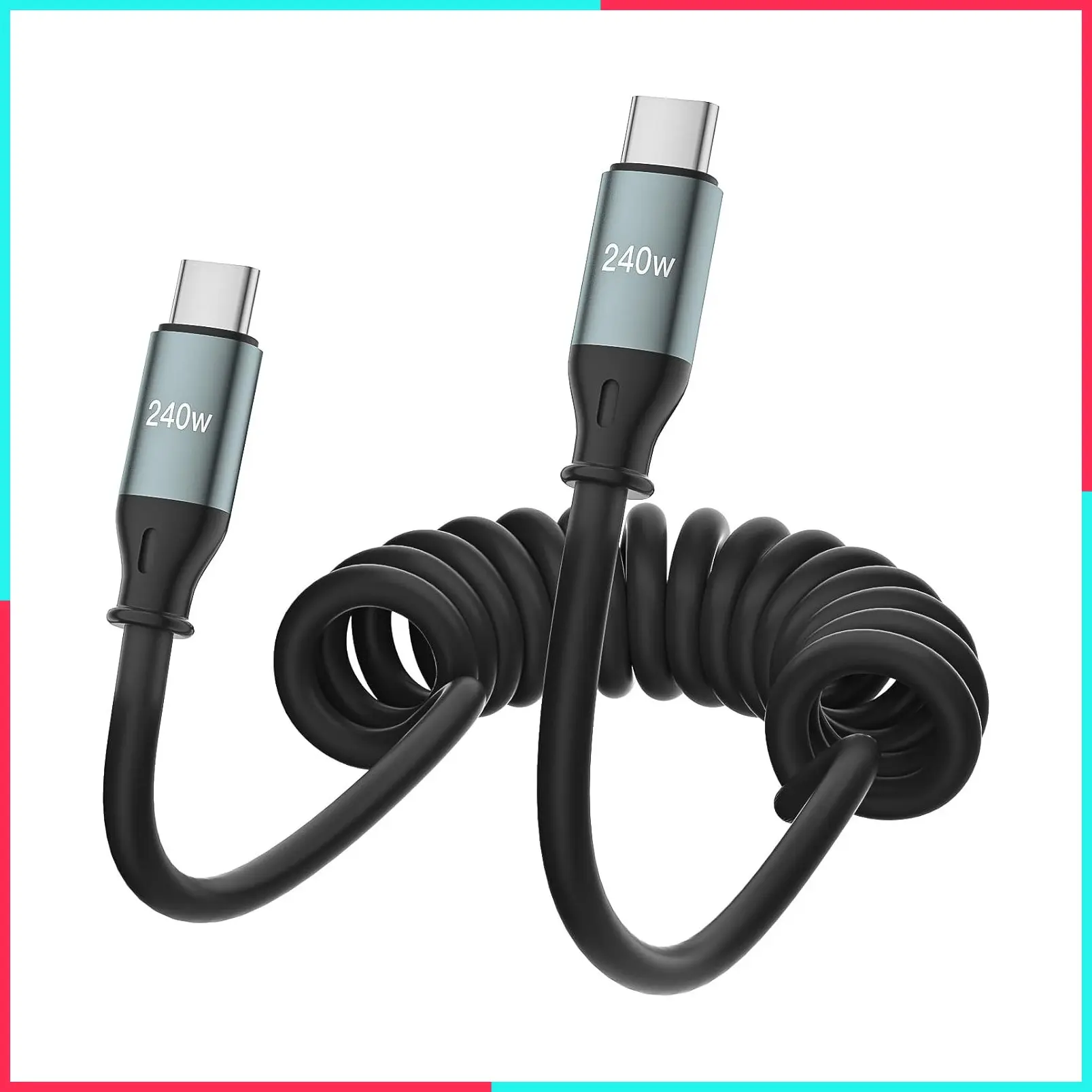 240W Coiled USB-C to USB-C Cable for CarPlay & Android Auto Car Data Cord
