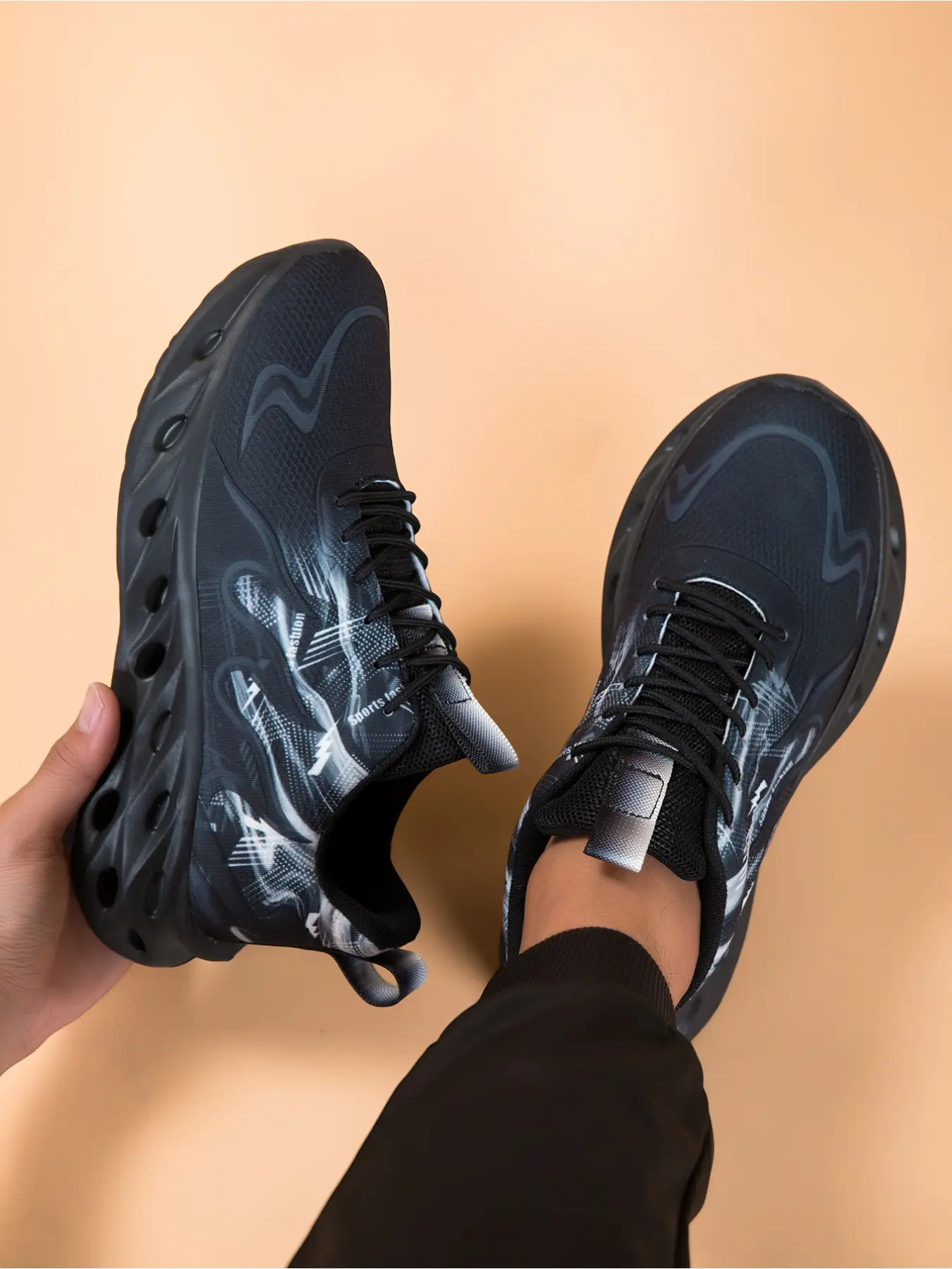 Summer Gradient Mesh Men's Sneakers, Hollow Blade Cushioned Thick Sole Running Shoes, Trendy Ink Color Block Versatile Dad Shoes, Suitable for Daily Wear
