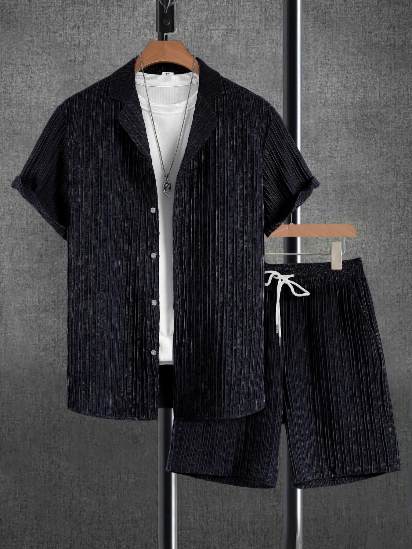 Men's Solid Short Sleeve Top & Shorts Set, Regular Fit Casual Top & Shorts, Men's Summer Clothes, Menswear, Tropical