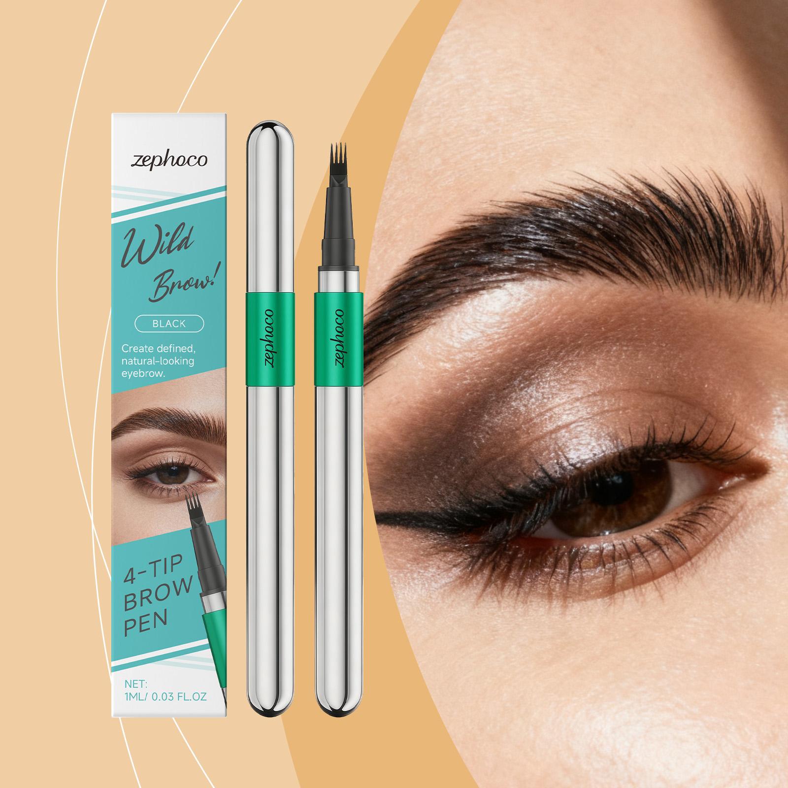 ZEPHOCO 4-Tip Brow Pen Black, VP/DMAPA Acrylates Copolymer Waterproof Film, Ultra-Fine Tip Precise Sculpting, Smooth Clump-Free, Twist-Up Design, Smudge-Resistant All-Day Wear for All Brows